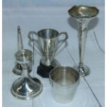 A silver glass holder; a similar trophy cup; a stem vase and 2 other items