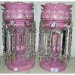 A pair 19th century gilt decorated pink overlaid glass lustres, with 2 tiers of cut and faceted