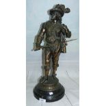 A 19th century bronzed figure of a Cavalier on circular ebonized base, height 22"