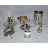 A plain white metal beaker; a selection of plated wares