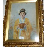 L.L.: 19th century watercolour of Chinese woman holding a lacquer bowl, signed with initial and