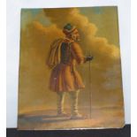 19th century oil on metal panel, full length portrait of a Middle Eastern traveller, 9" x 7"
