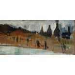 Frederick J England: "Promenade by the glass pit", acrylic on board, signed, 9½" x 20"