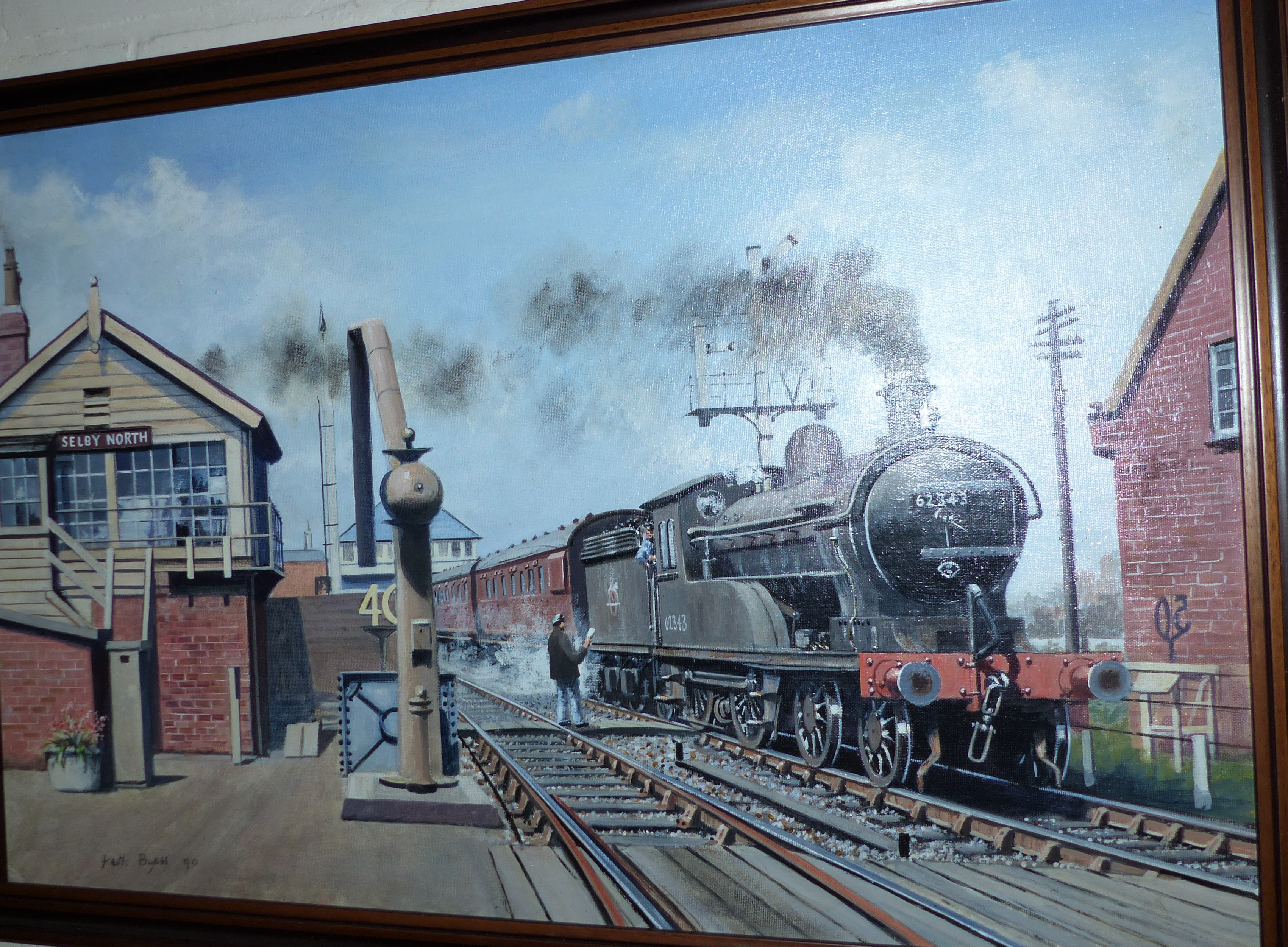 Keith Byass: oil on board, BR locomotive 62343 with passenger train at Selby North, signed, 20" x