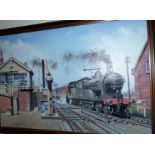 Keith Byass: oil on board, BR locomotive 62343 with passenger train at Selby North, signed, 20" x