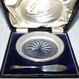 A silver butter dish and knife with glass liner, boxed, Sheffield 1938