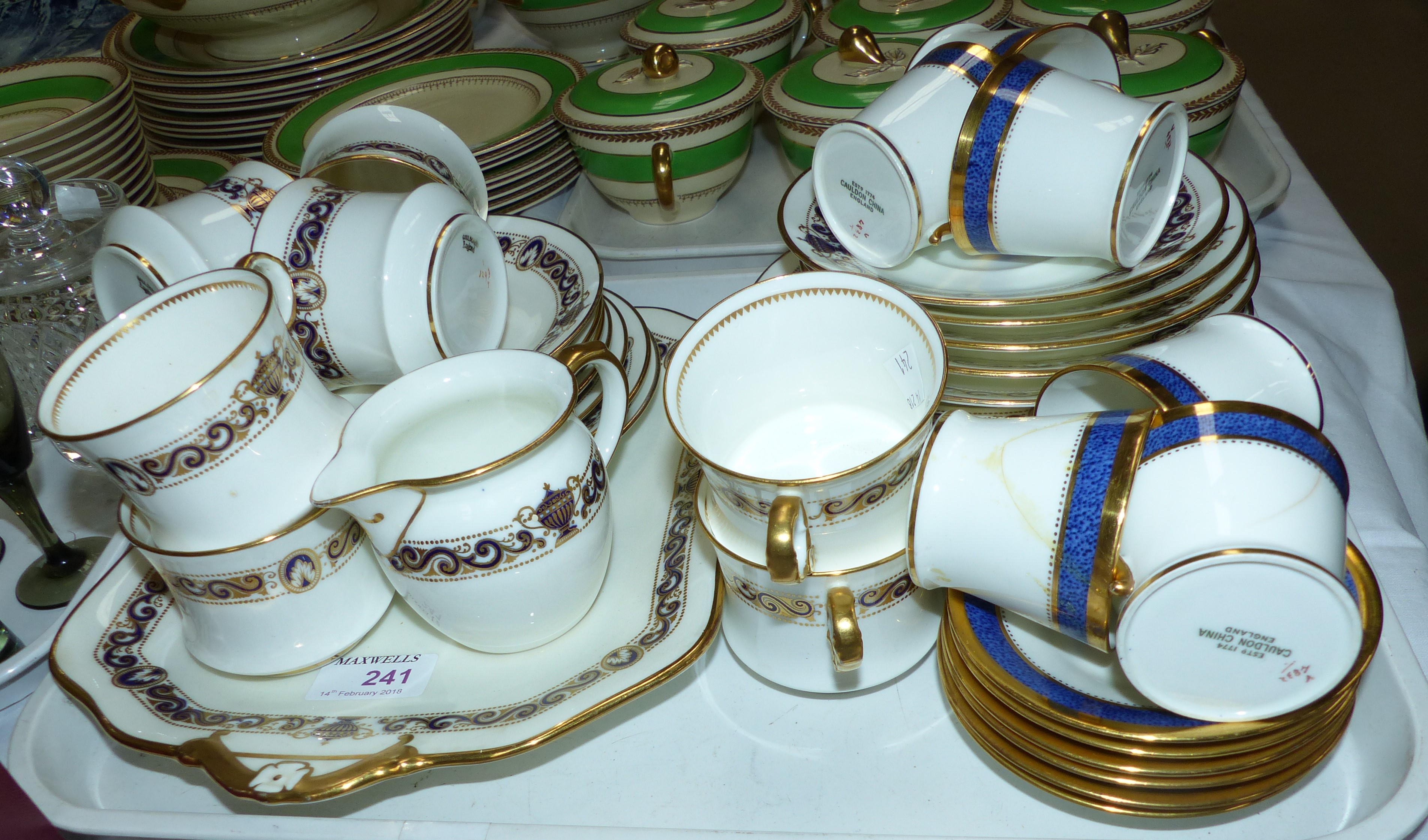 An early 20th century Cauldon part tea service in classical gilt and blue, 24 pieces approx; 6
