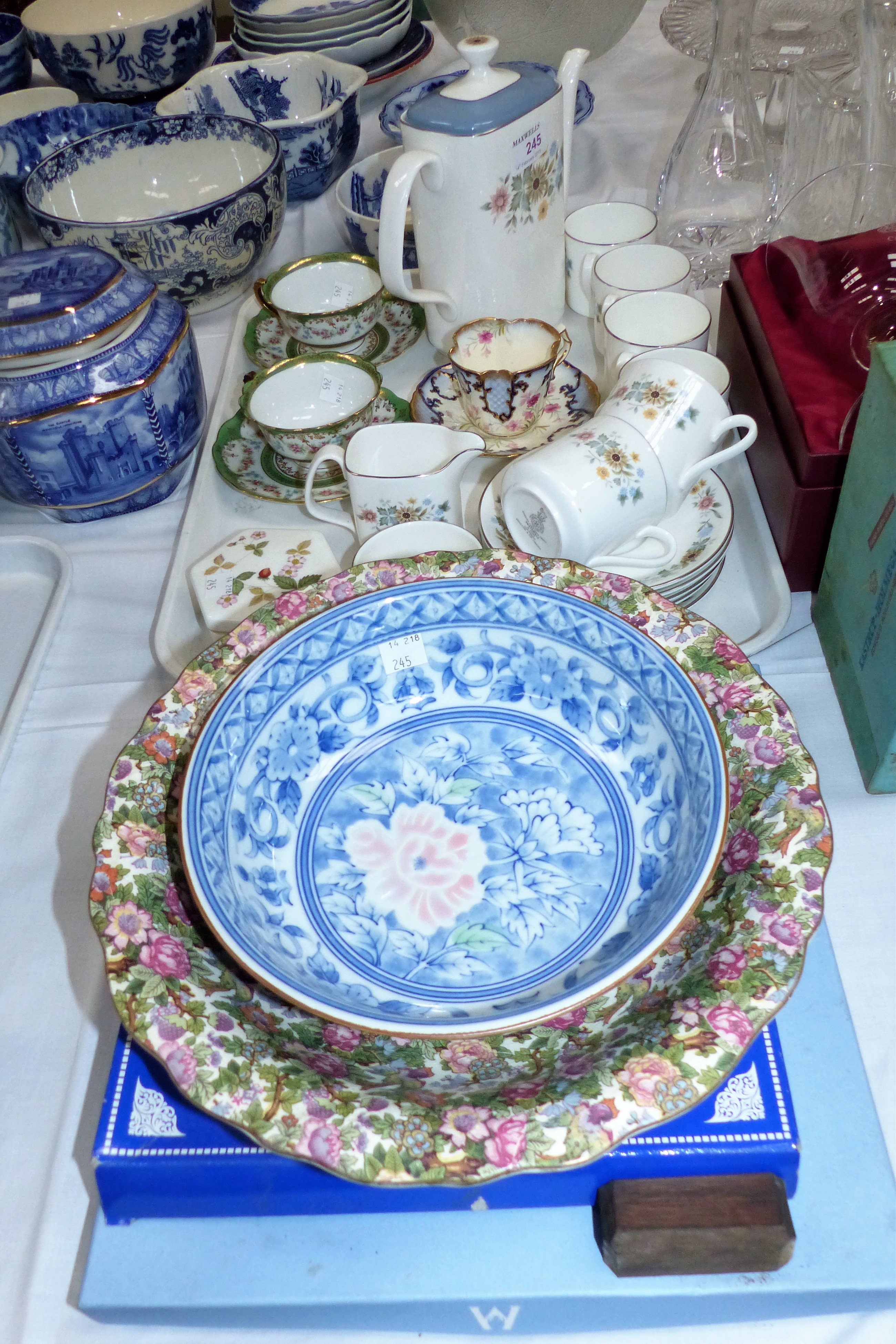 A Royal Doulton Pastorale 15 piece coffee set; a Wedgwood presentation plate, boxed; 3 19th