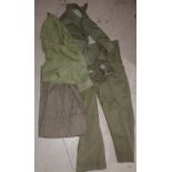 A pair of British Army Denim overall trousers dated 1945, a similar jacket and two other items of
