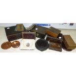 A tin enamel Cook by electricity ashtray and a selection of boxes and other collectables