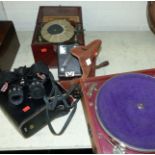 A cased gramophone a Brownie box camera and a cased Meepon crystal set and a pair of binoculars