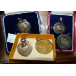 A 9ct gold football medal S.D.L, winners 1933, 4 silver medals, 2 EPNS trophies