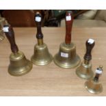 5 various graduating brass hand bells