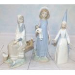 3 Lladro figures: - Seated Girl with Bird, Girl with Doll, Girl in Pointed Hat