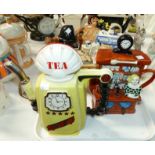 6 Novelty Teapots:- Kitchen Range, Badger Policeman, Shell Petrol, 24 Blackbirds, Bar & Stools,