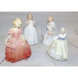 Royal Doulton figures ''Rose'' HN1368 hand painted marks to base; ''Catherine'' HN3044; ''Fairlady''