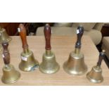 5 various graduating brass hand bells