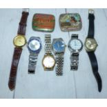 A Buler gents wristwatch, 5 others, 2 repro snuff tins