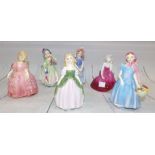 5 Royal Doulton bone china girl figures and a Coalport girl figure