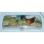 A silver rectangular toothpick box with hand enameled top depicting a hen and chicks