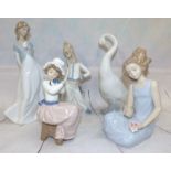 A Nao figure of a Swan, a Nao seated girl, another Nao figure, two similar Spanish figures