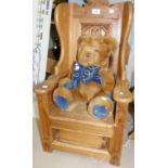 A Treenpine Gothic style miniature throne chair with box seat and a Harrod's teddy bear