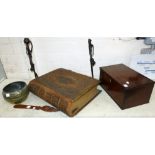 A 19th century carved wood paperknife, a mahogany box, a bible, an African brass bowl, 2 similar