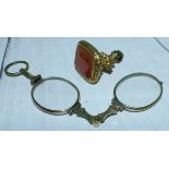 A Victorian coronation set, fob seal, a pair of folding lorgnettes