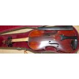 A Stradivarius pattern violin 2 piece, back 143/8'' with bow, cased