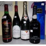 A bottle of Harvey's No 1 Claret 1982 and other various bottles of wine etc.