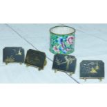 A set of four Japanese precious metal inlaid menu holders and a Chinese enamel napkin ring