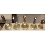 5 various graduating brass hand bells