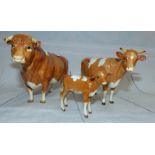 A Guernsey Bull, CH Sabrinas Sir Richmond, CH Sabrinas Cow (base repaired) and calf (leg repaired)
