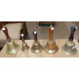 5 various graduating brass hand bells