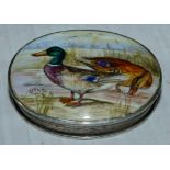 A silver oval patch box with hand enameled top depicting ducks