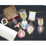 A silver gilt Masonic Britannia Lodge jewel, another Fellowship Lodge and 2 gilt examples etc.