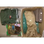 A vintage frame rucksack, various camping essentials, sleeping bag and ground sheet