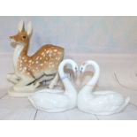 A Lladro group of 2 swans; a USSR figure of a Fallow Deer
