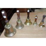 5 various graduating brass hand bells