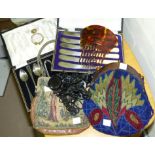 A 1930's art deco beaded handbag, another with tapestry cover, a comb (a.f.), a quantity of mourning