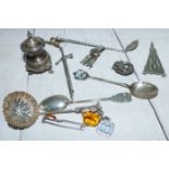 A silver pepper pot and a selection of items of silver and white metal jewellery, souvenir spoons