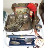 An ESSO vintage oil can, a funnel, a Lord Kitchener tin, silver plated cutlery, a silver plated