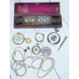 A small selection of watches and jewellery; a double ended cut glass scent bottle, cased