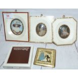 Three miniature pictures after the antique in patchwork frames and 2 compacts