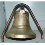 A large brass ships bell ''Halcyon Skies'', London height 11.5'' on steel bracket