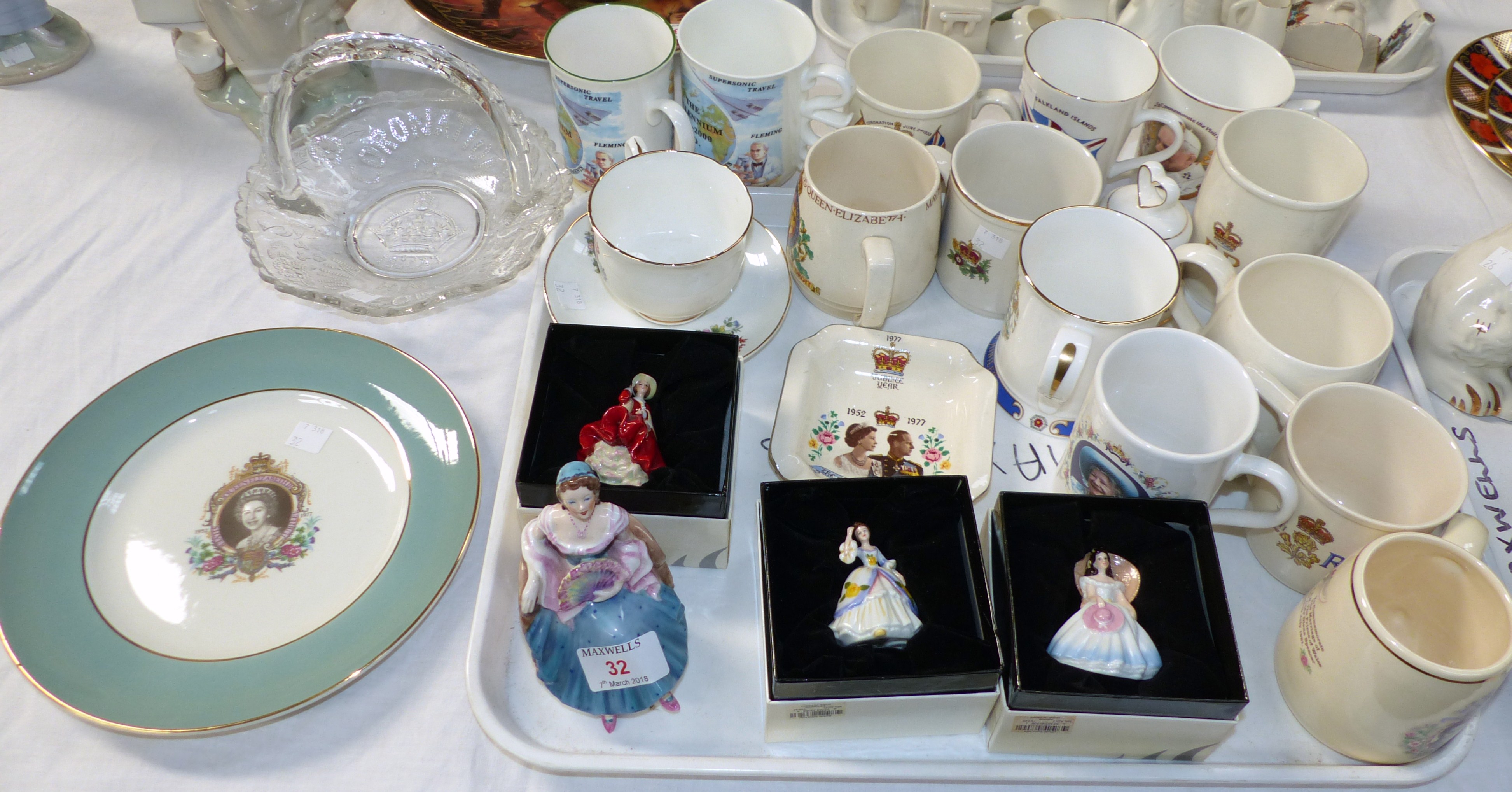 3 Royal Doulton miniature ladies; a Coalport figure; a selection of Royal souvenirs