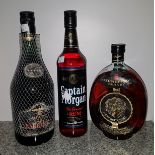 A bottle of Napolean V.S.O.P French Brandy, Vecchia Romagna Brandy and a bottle of Morgan's Spiced