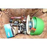 Vintage wooden fishing reel, a Winfield double drag fly reel, 2 course fishing reels, a wicker