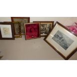 2 Edwardian monochrome prints; an embossed velvet panel - Queen Victoria; a tapestry picture etc.