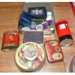 An Edward VII enameled tin, a selection of tins and collectable badges